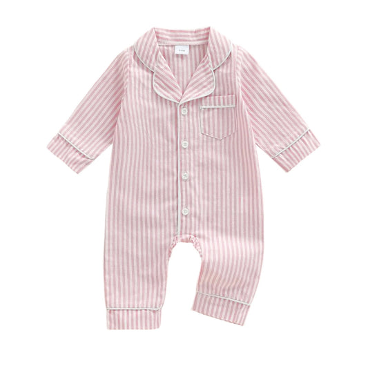 StripeSnug – Baby Striped Button Pajama Romper
