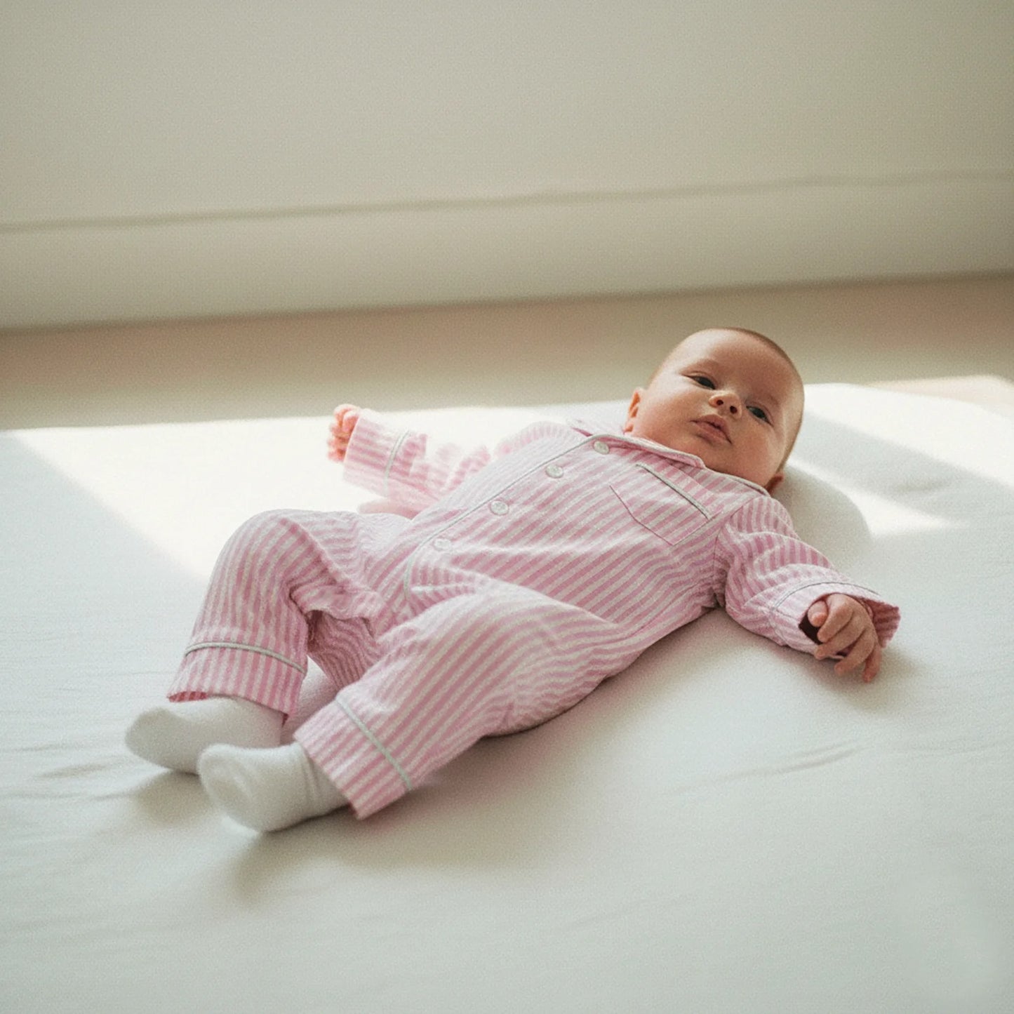 StripeSnug – Baby Striped Button Pajama Romper