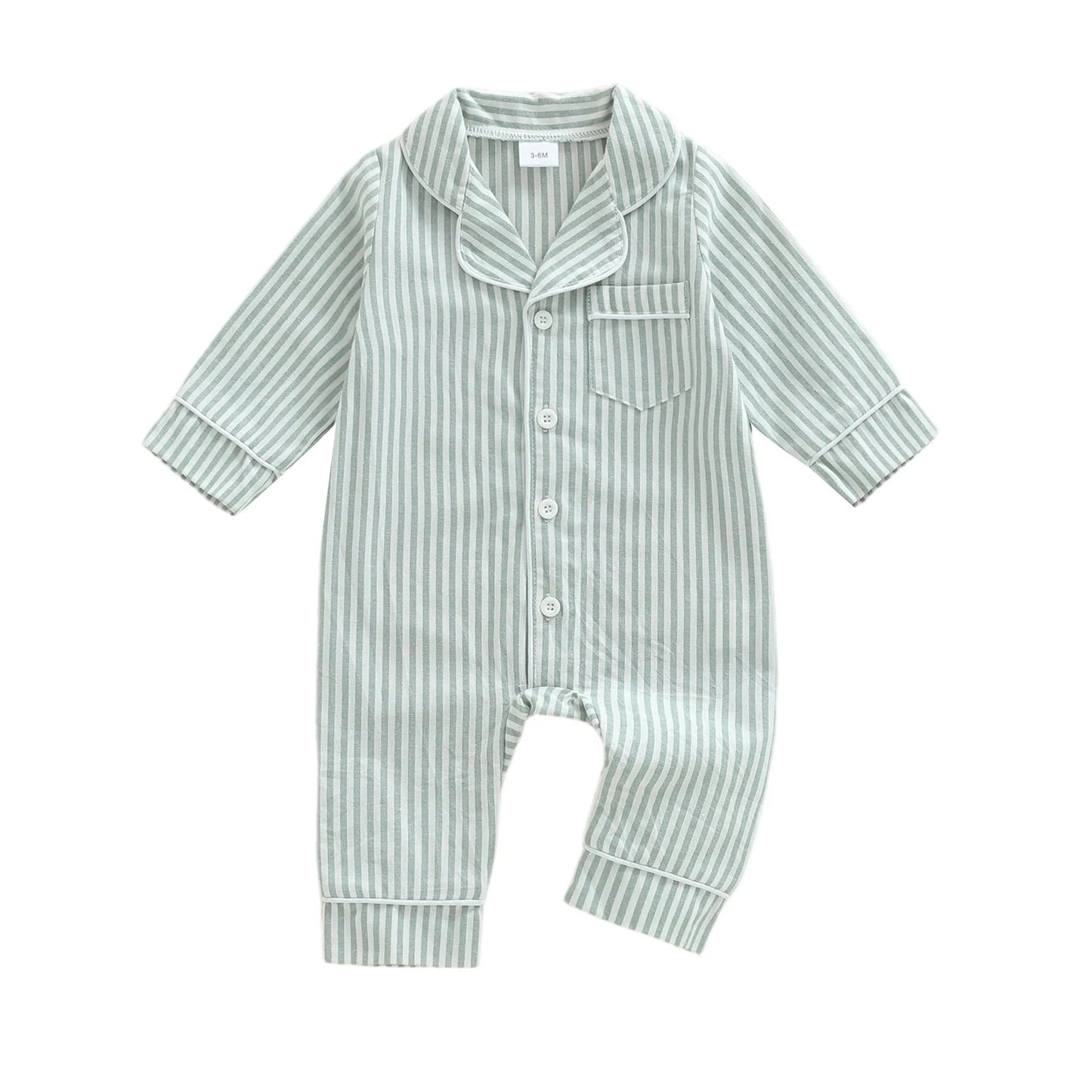 StripeSnug – Baby Striped Button Pajama Romper