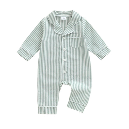 StripeSnug – Baby Striped Button Pajama Romper