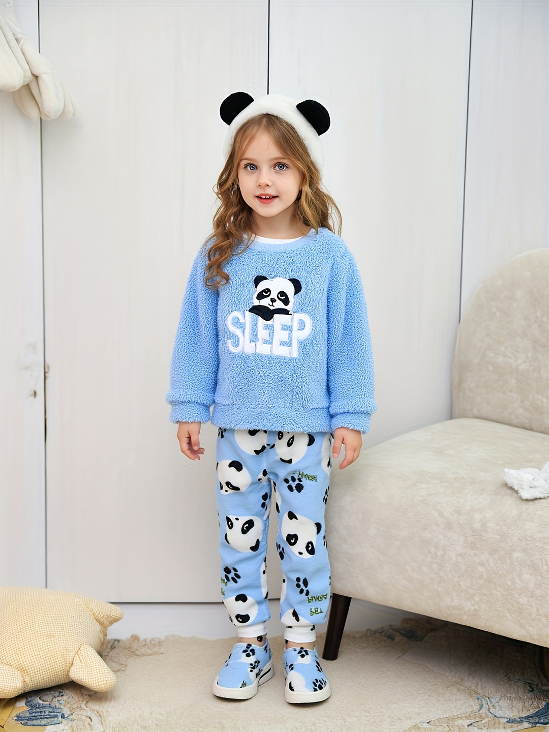PandaNest – 2-Piece Girls Panda Fleece Pajama Set